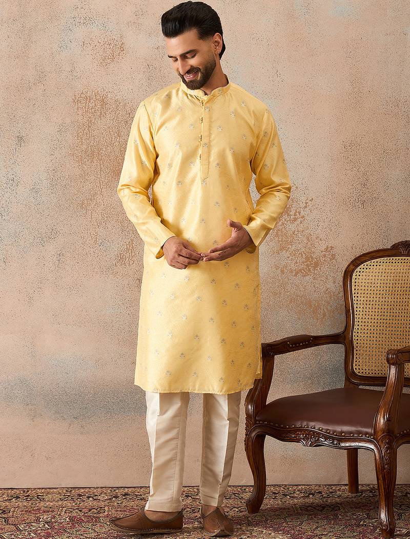 Mens yellow silk blend floral straight kurta