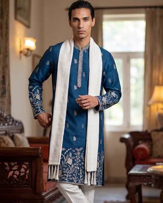 Men blue chanderi silk solid embroidered straight kurta trouser with dupatta 1