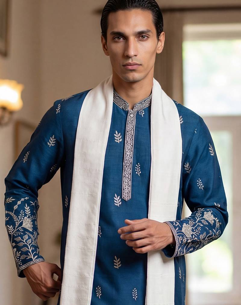 Men blue chanderi silk solid embroidered straight kurta trouser with dupatta