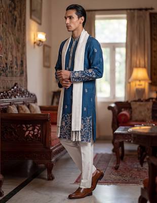 Men blue chanderi silk solid embroidered straight kurta trouser with dupatta 3