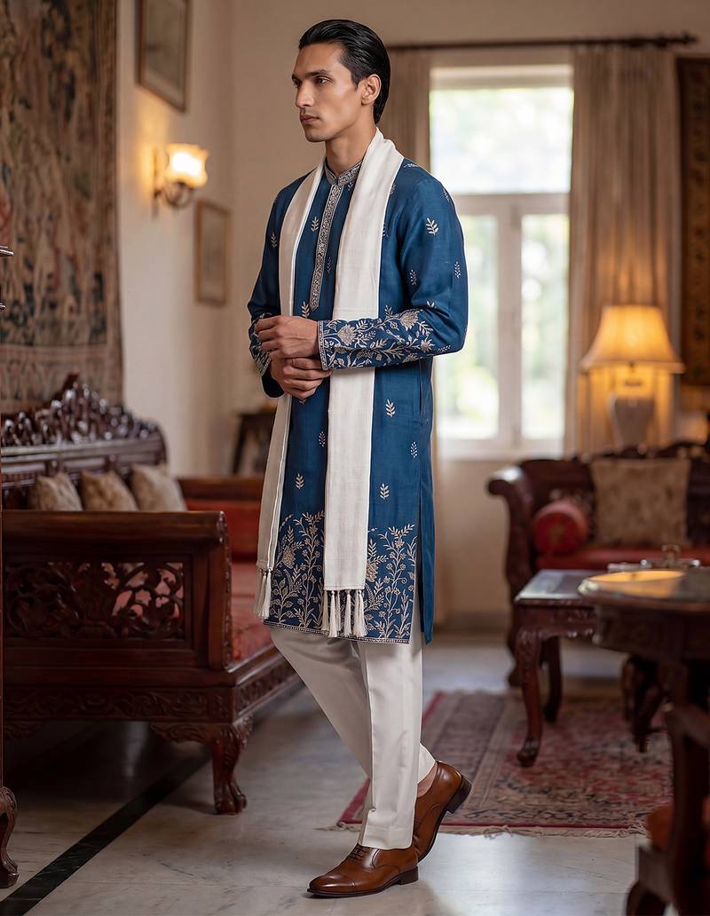 Men blue chanderi silk solid embroidered straight kurta trouser with dupatta
