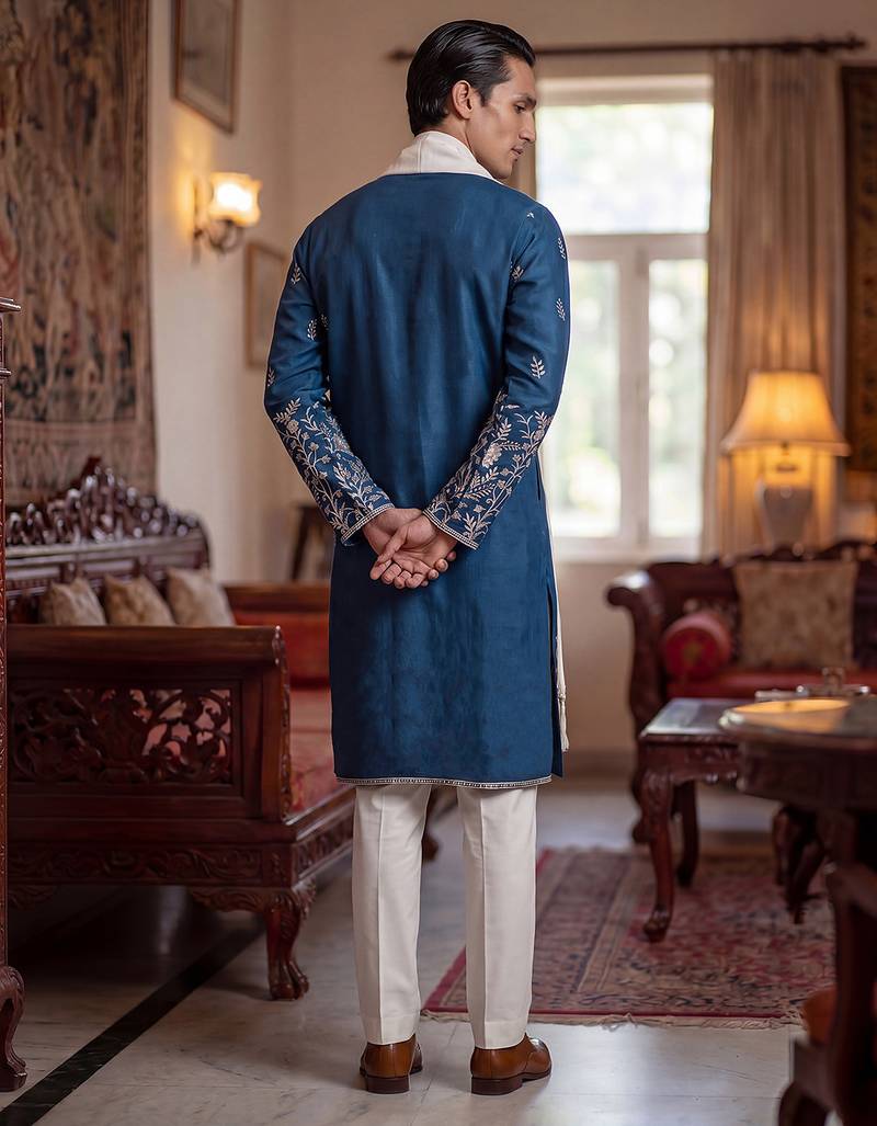 Men blue chanderi silk solid embroidered straight kurta trouser with dupatta