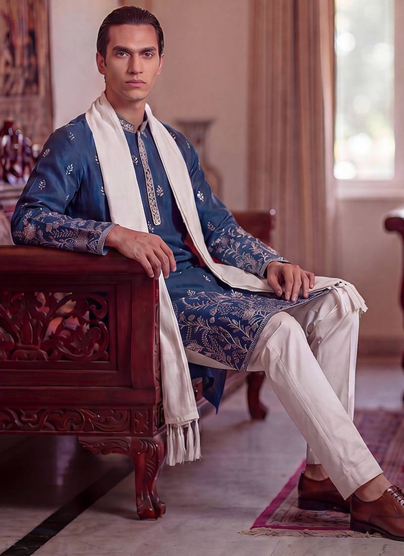 Men blue chanderi silk solid embroidered straight kurta trouser with dupatta
