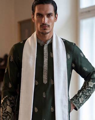 Men olive chanderi silk solid embroidered straight kurta trouser with dupatta 2