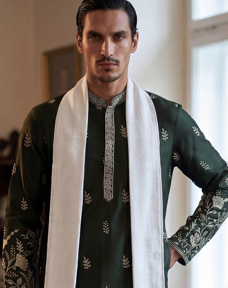 Men olive chanderi silk solid embroidered straight kurta trouser with dupatta