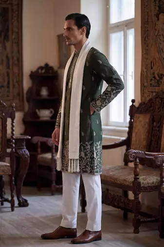 Men olive chanderi silk solid embroidered straight kurta trouser with dupatta