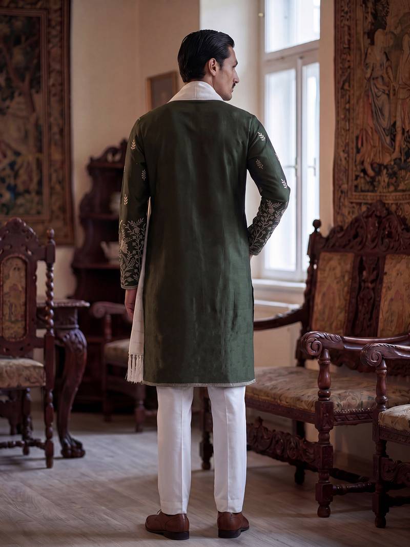 Men olive chanderi silk solid embroidered straight kurta trouser with dupatta