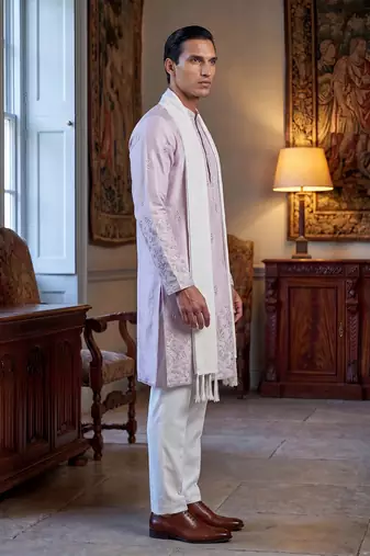 Men lavender silk blend floral embroidered straight kurta trouser with dupatta