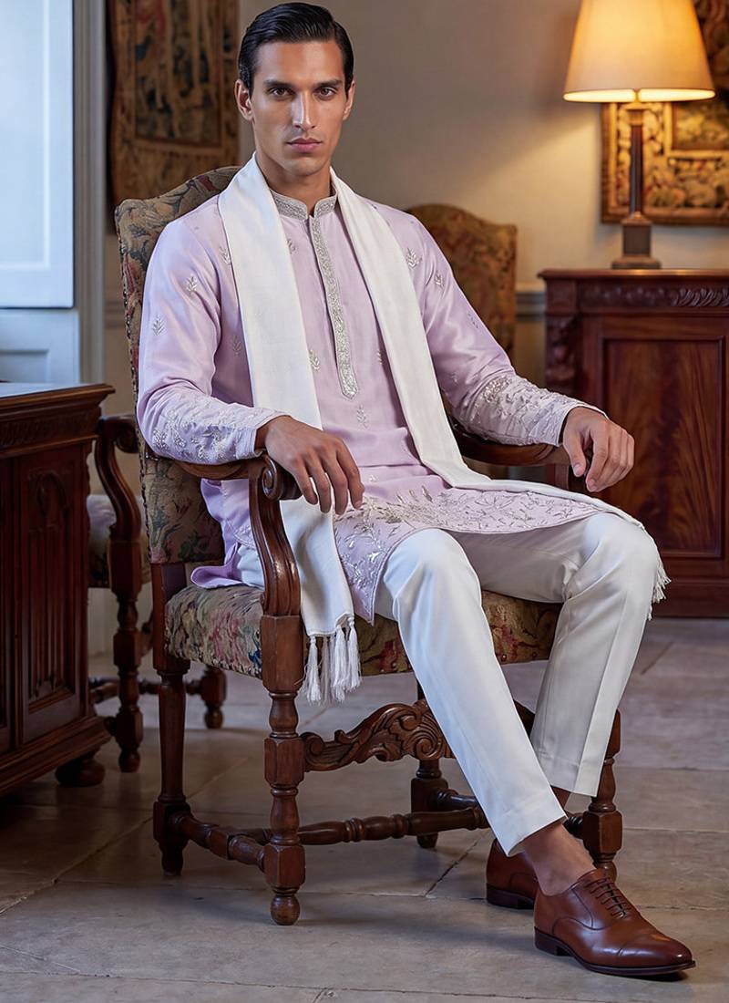 Men lavender silk blend floral embroidered straight kurta trouser with dupatta