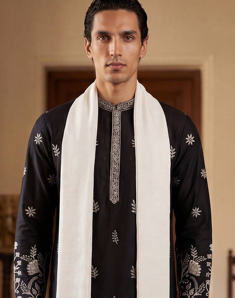 Men black silk blend solid embroidered straight kurta trouser with dupatta