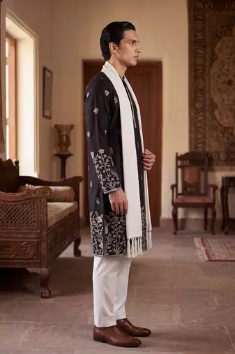 Men black silk blend solid embroidered straight kurta trouser with dupatta