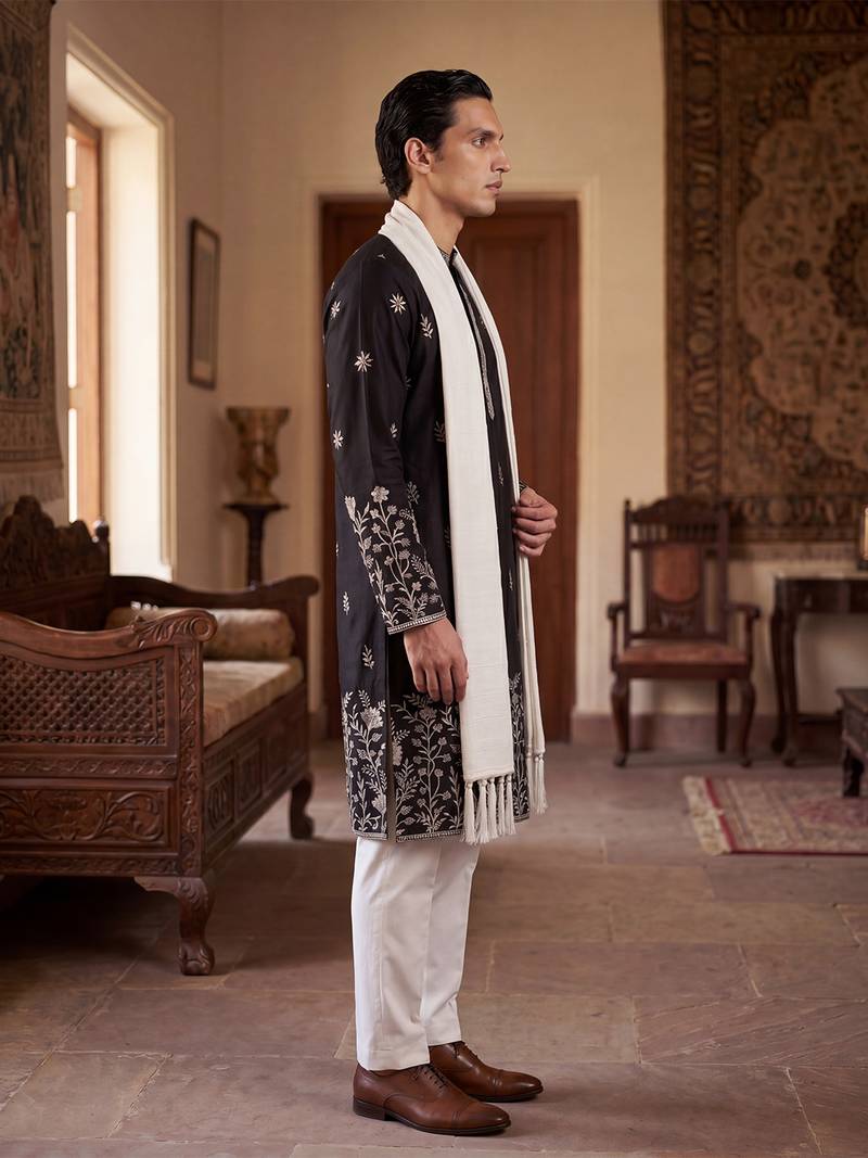 Men black silk blend solid embroidered straight kurta trouser with dupatta
