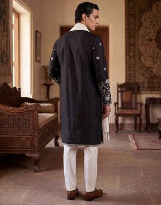Men black silk blend solid embroidered straight kurta trouser with dupatta 4