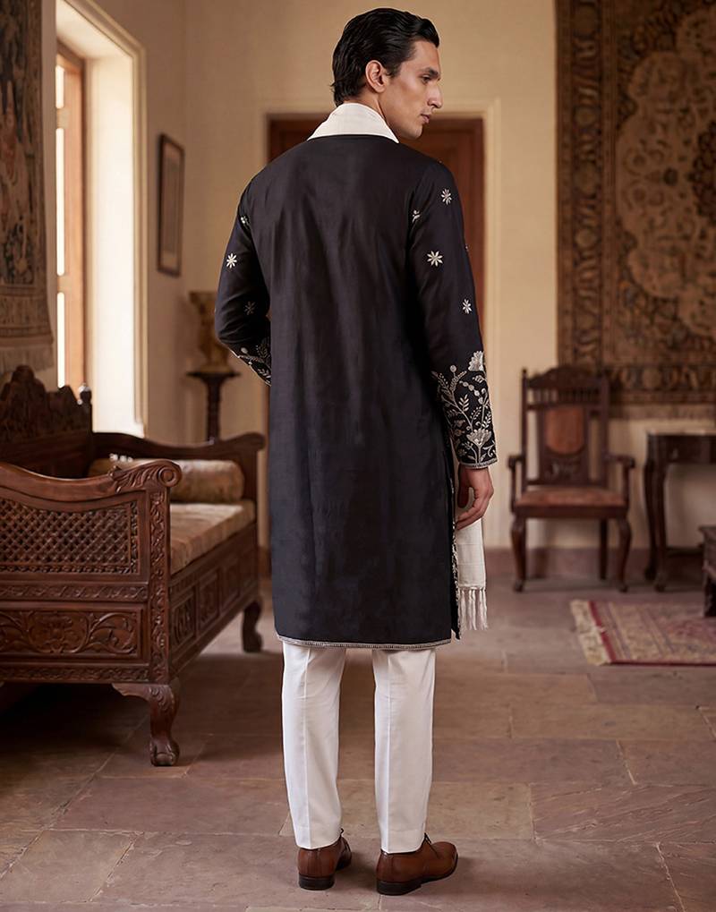 Men black silk blend solid embroidered straight kurta trouser with dupatta