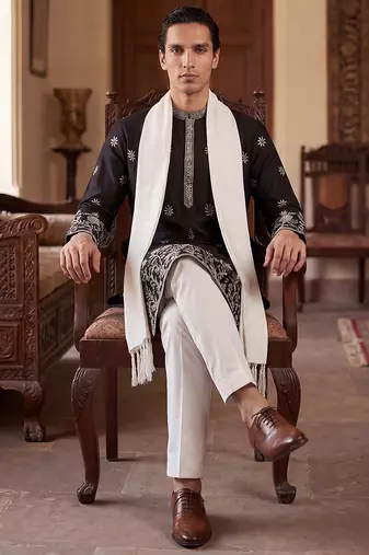 Men black silk blend solid embroidered straight kurta trouser with dupatta