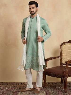 Men green silk blend solid embroidered straight kurta trouser with dupatta 1