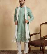 Men green silk blend solid embroidered straight kurta trouser with dupatta