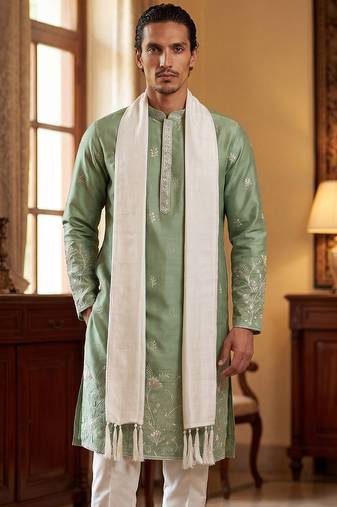 Men green silk blend solid embroidered straight kurta trouser with dupatta