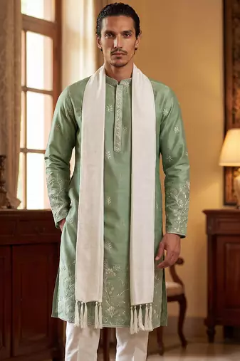 Men green silk blend solid embroidered straight kurta trouser with dupatta