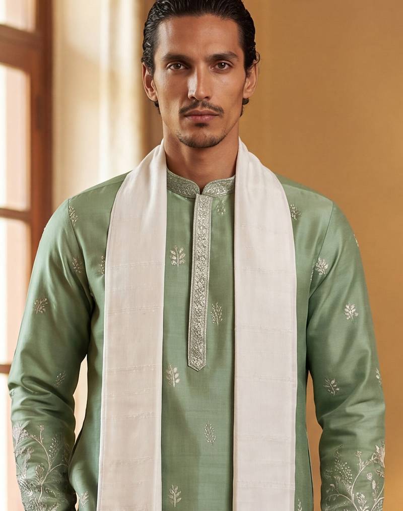 Men green silk blend solid embroidered straight kurta trouser with dupatta