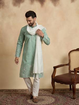 Men green silk blend solid embroidered straight kurta trouser with dupatta 3
