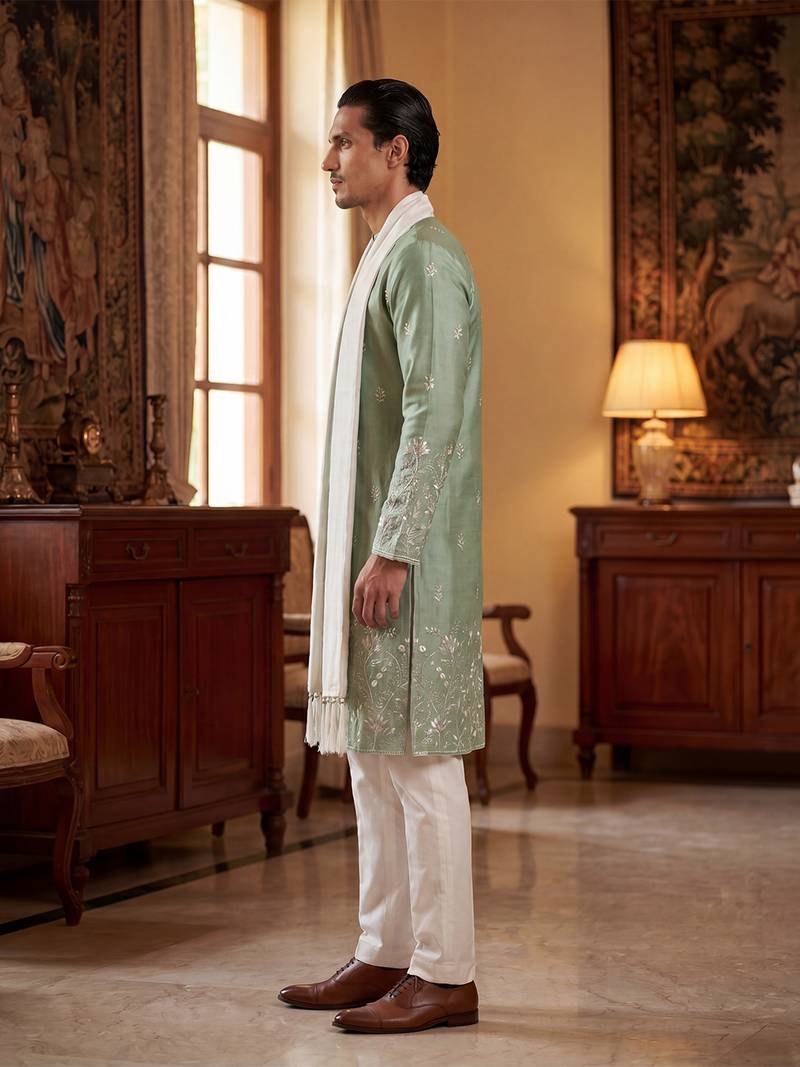 Men green silk blend solid embroidered straight kurta trouser with dupatta