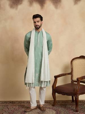 Men green silk blend solid embroidered straight kurta trouser with dupatta 5