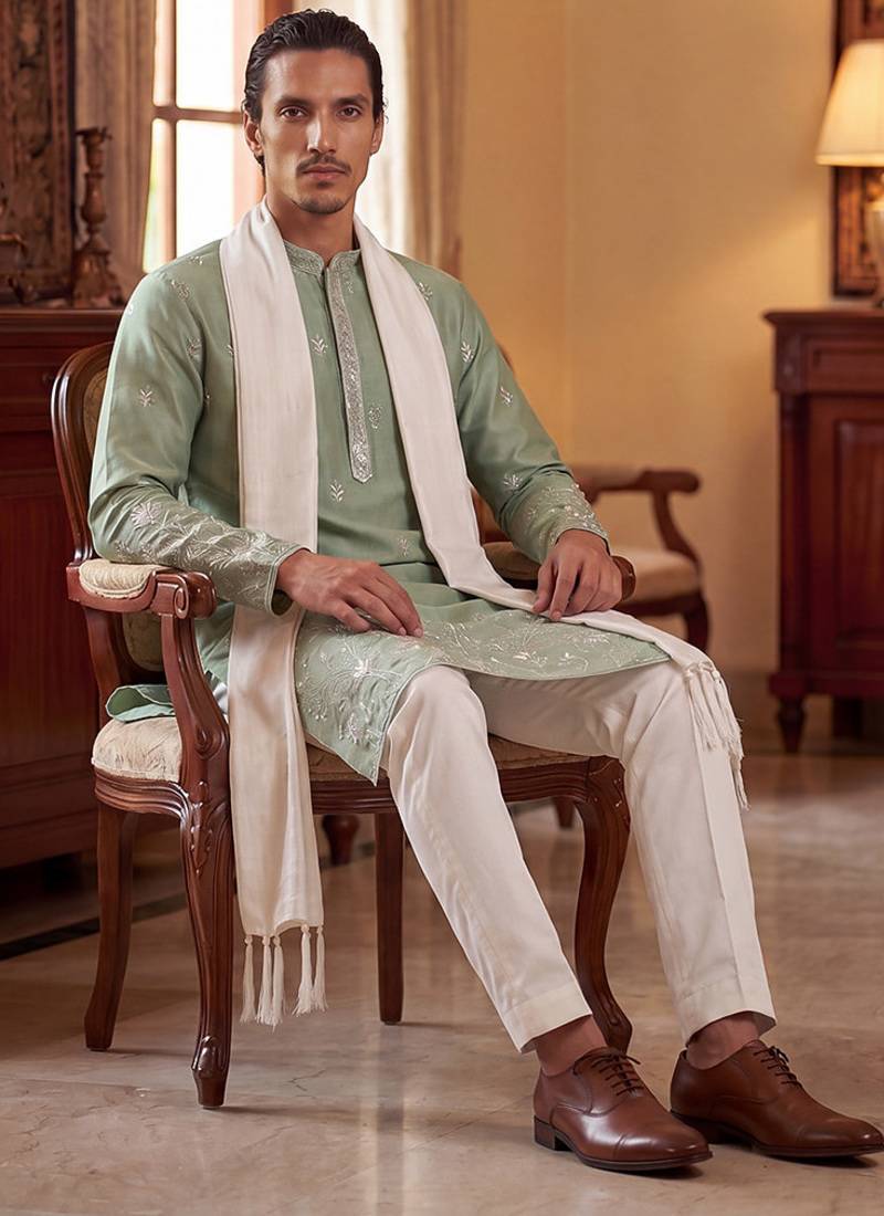 Men green silk blend solid embroidered straight kurta trouser with dupatta