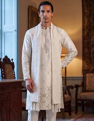 Men white silk blend floral embroidered straight kurta trouser with dupatta 1
