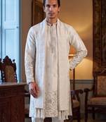 Men white silk blend floral embroidered straight kurta trouser with dupatta