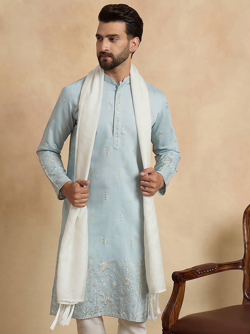 Men blue silk blend solid embroidered straight kurta trouser with dupatta
