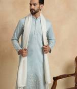 Men blue silk blend solid embroidered straight kurta trouser with dupatta