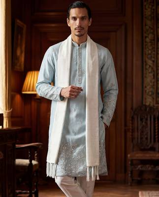 Men blue silk blend solid embroidered straight kurta trouser with dupatta 1
