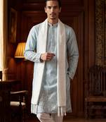 Men blue silk blend solid embroidered straight kurta trouser with dupatta