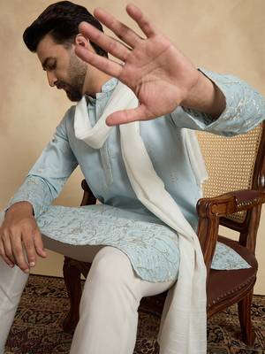 Men blue silk blend solid embroidered straight kurta trouser with dupatta 2