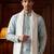 Men blue silk blend solid embroidered straight kurta trouser with dupatta