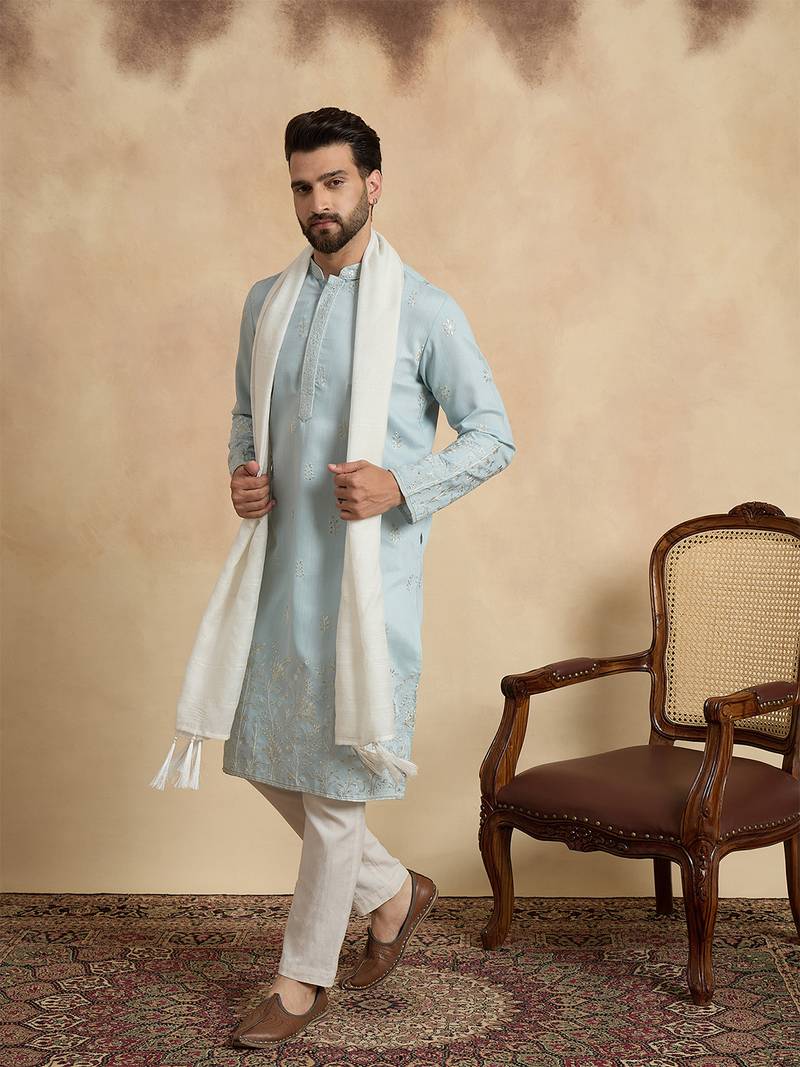 Men blue silk blend solid embroidered straight kurta trouser with dupatta