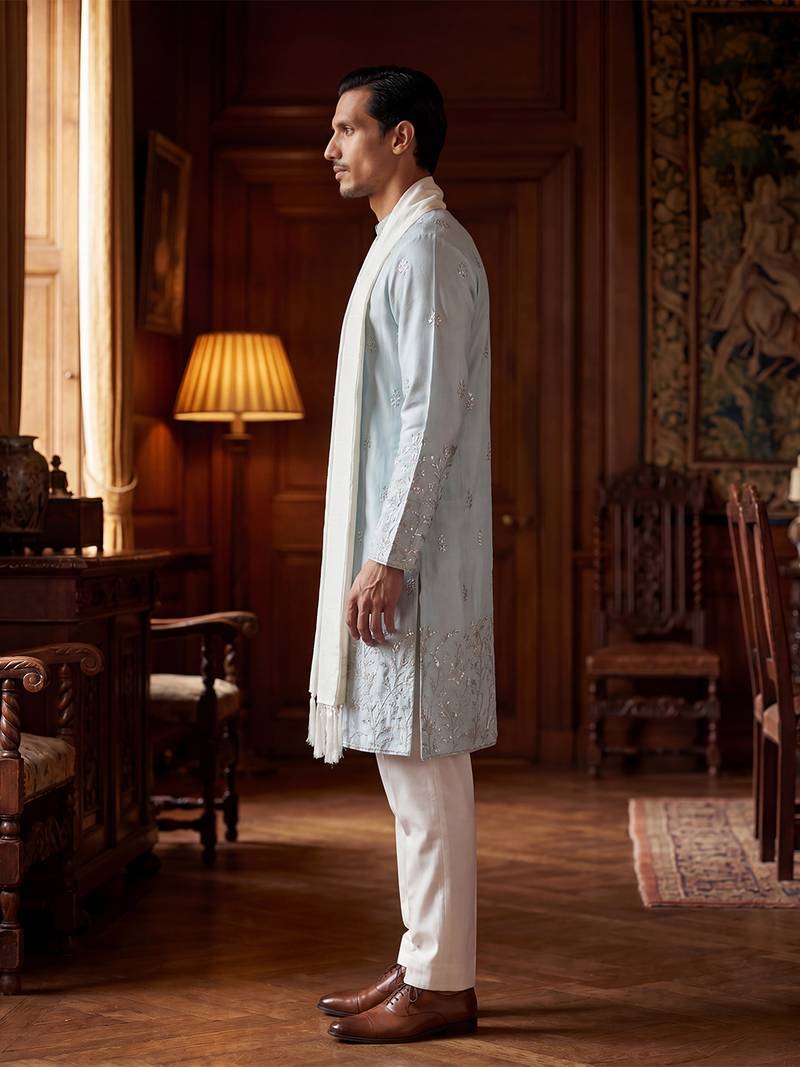 Men blue silk blend solid embroidered straight kurta trouser with dupatta
