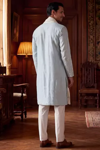 Men blue silk blend solid embroidered straight kurta trouser with dupatta