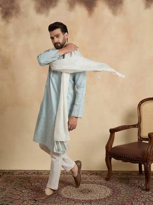 Men blue silk blend solid embroidered straight kurta trouser with dupatta 5