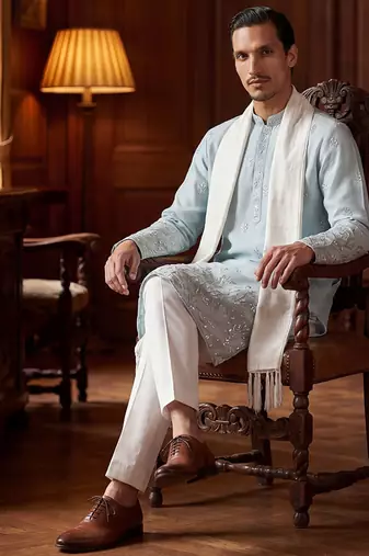 Men blue silk blend solid embroidered straight kurta trouser with dupatta