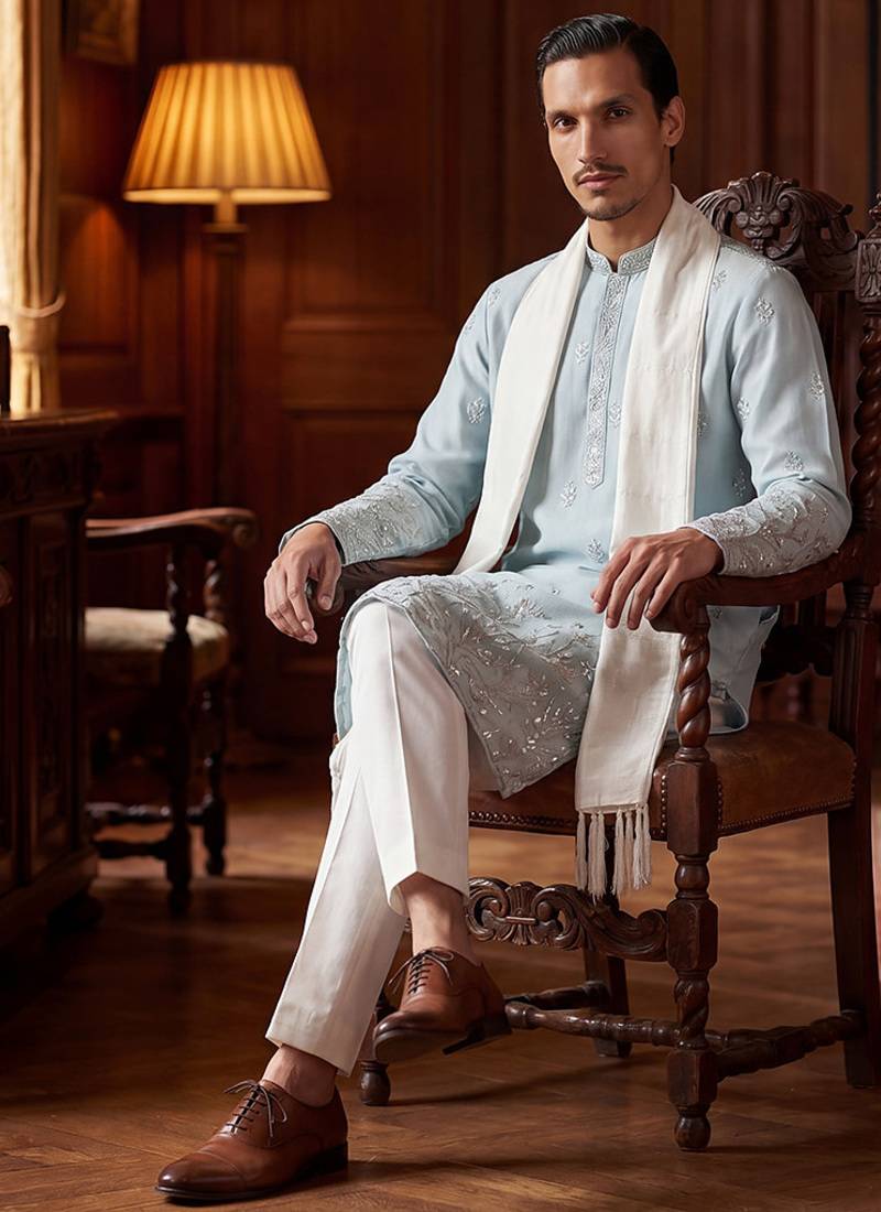 Men blue silk blend solid embroidered straight kurta trouser with dupatta