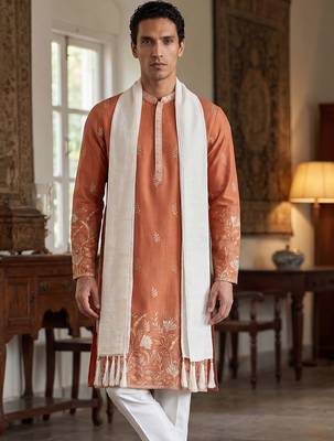 Men peach vartican solid embroidered straight kurta trouser with dupatta 1