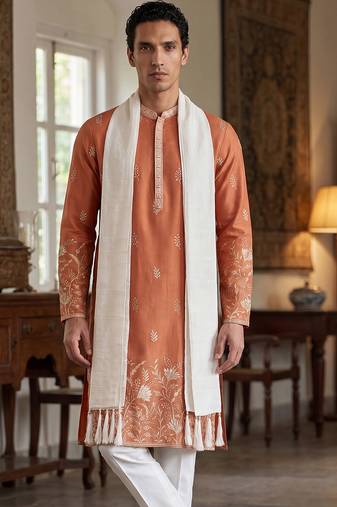 Men peach vartican solid embroidered straight kurta trouser with dupatta