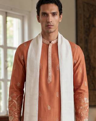 Men peach vartican solid embroidered straight kurta trouser with dupatta 2