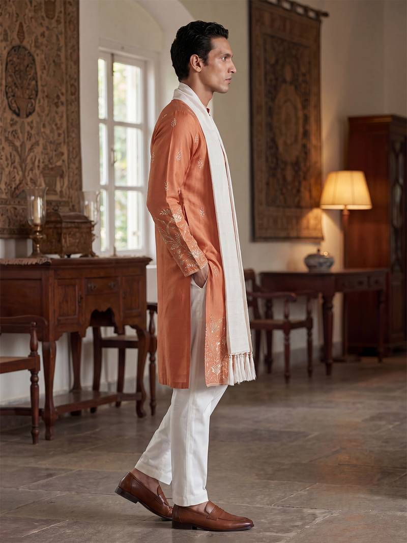 Men peach vartican solid embroidered straight kurta trouser with dupatta