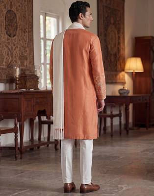 Men peach vartican solid embroidered straight kurta trouser with dupatta 4