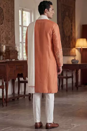 Men peach vartican solid embroidered straight kurta trouser with dupatta