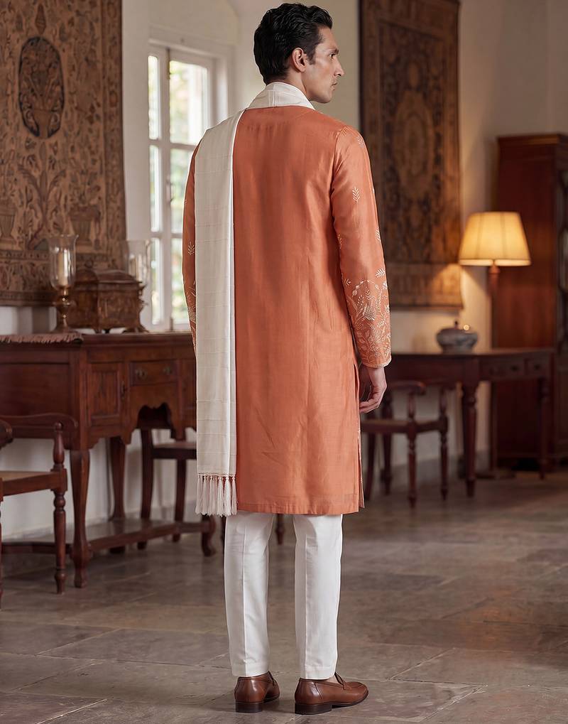 Men peach vartican solid embroidered straight kurta trouser with dupatta