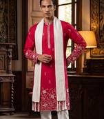 Men pink silk blend solid embroidered straight kurta trouser with dupatta